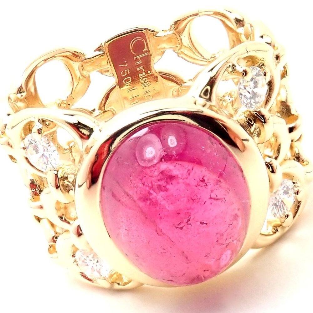 Authentic Christian Dior 18k Yellow Gold Diamond Large Pink Tourmaline Band Ring